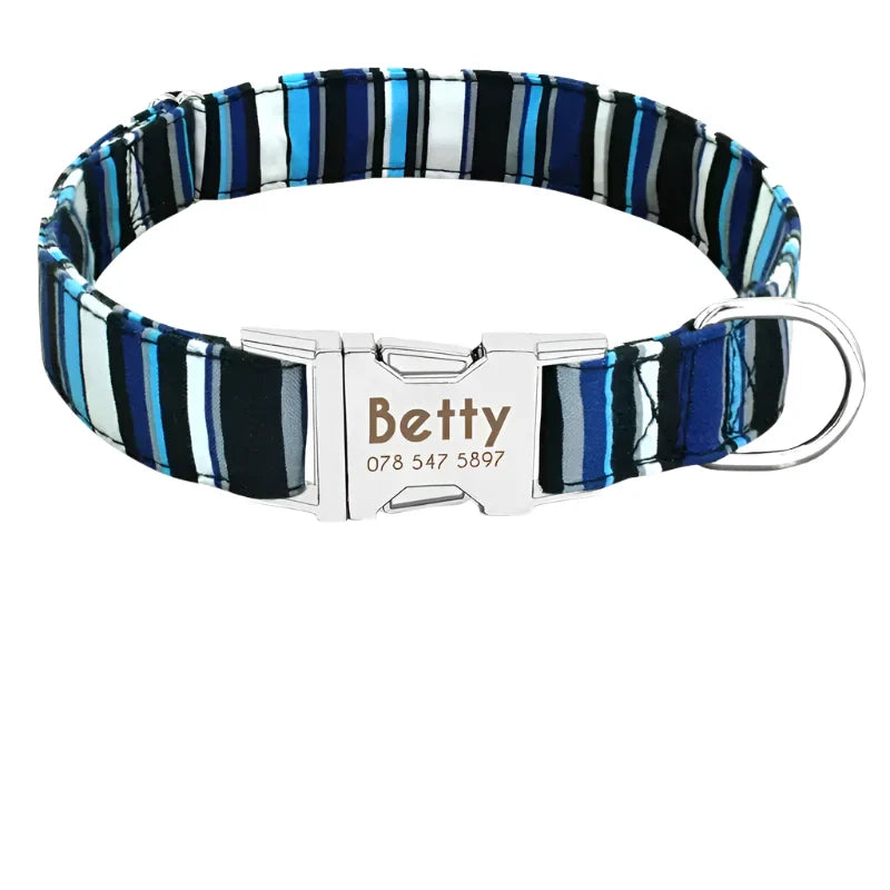 Striped fabric dog collar with metal buckle and personalized name tag.