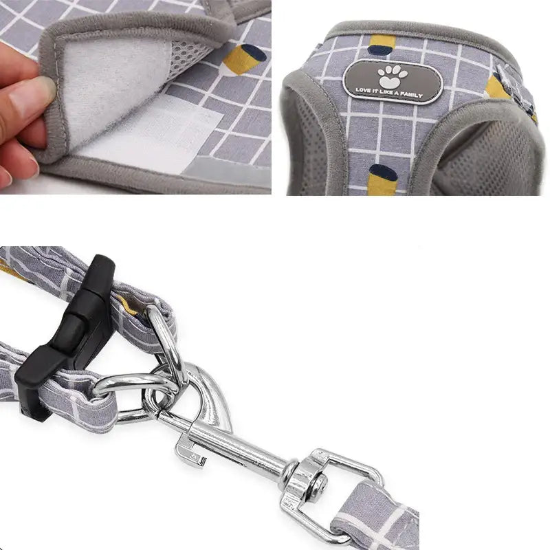 Dog harness with a geometric pattern and metal attachment hardware.