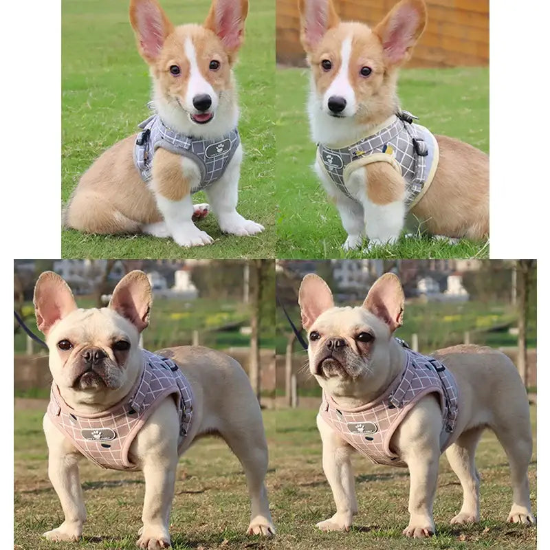 Dog harnesses worn by Corgis and French Bulldogs.