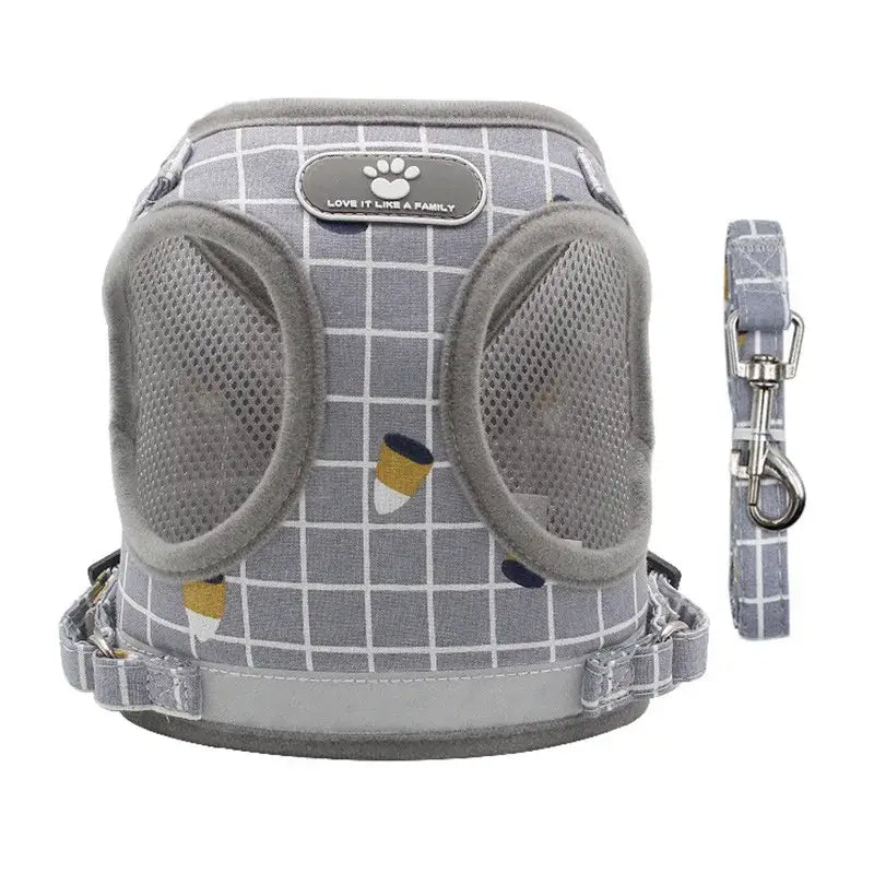 Gray and white checkered dog harness with matching leash.