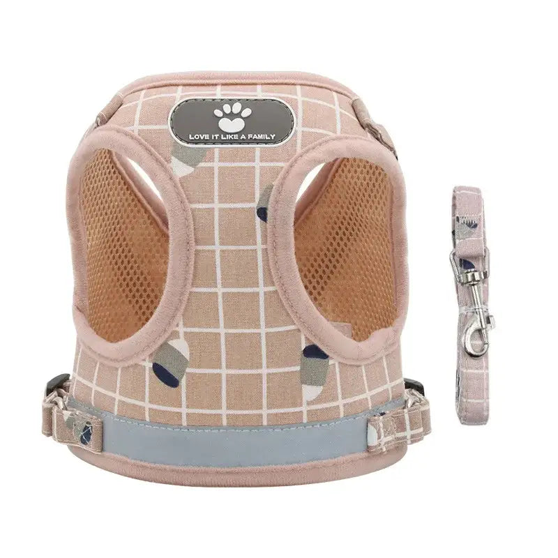 Pink and beige plaid dog harness with matching leash.