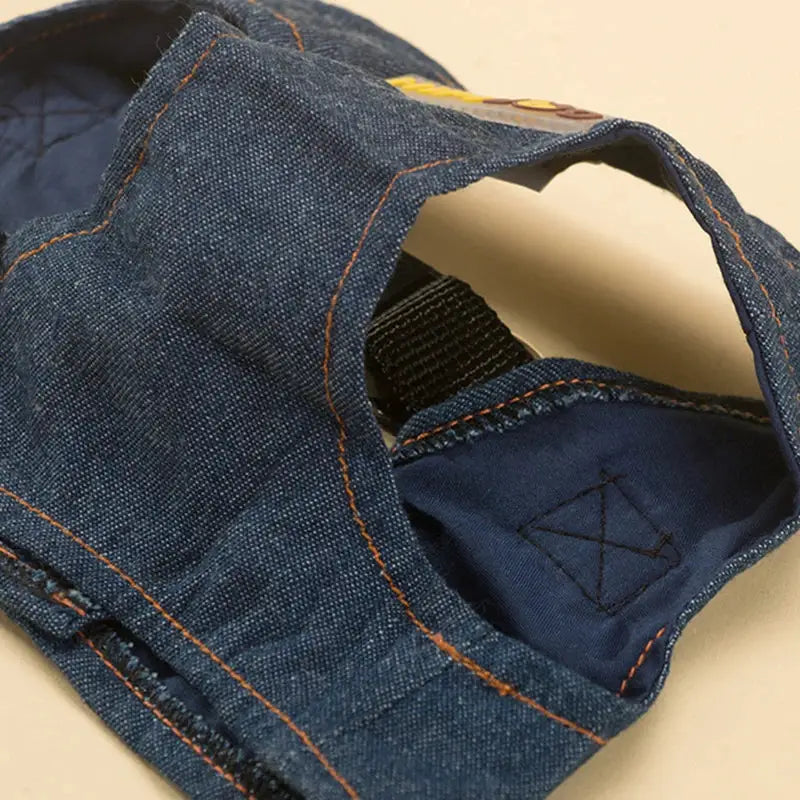 Denim baseball cap with visible stitching and inner lining.