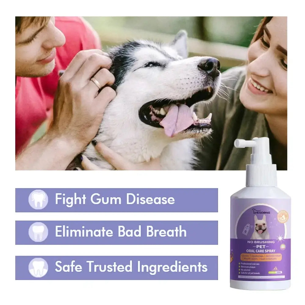 Bottle of pet dental care product for fighting gum disease and bad breath.