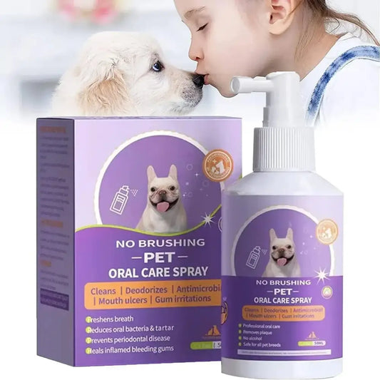 Pet oral care spray product with a purple packaging featuring a French Bulldog image.