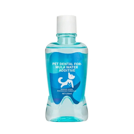 Bottle of pet dental water additive with a blue liquid inside.