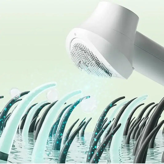 Shower head spraying water over toothbrushes arranged to resemble grass or reeds.