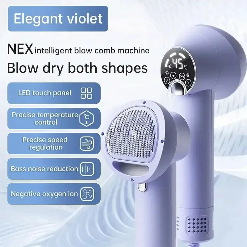 Violet-colored hair dryer with a digital display and multiple features.