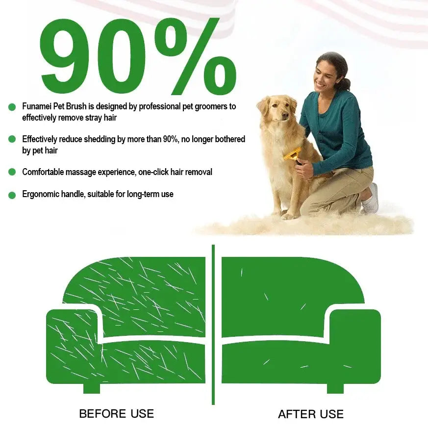 Pet grooming brush designed to remove 90% of loose hair from furniture and pets.