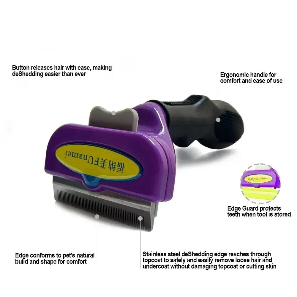 Pet grooming tool with a purple handle and detachable metal comb for removing loose fur.