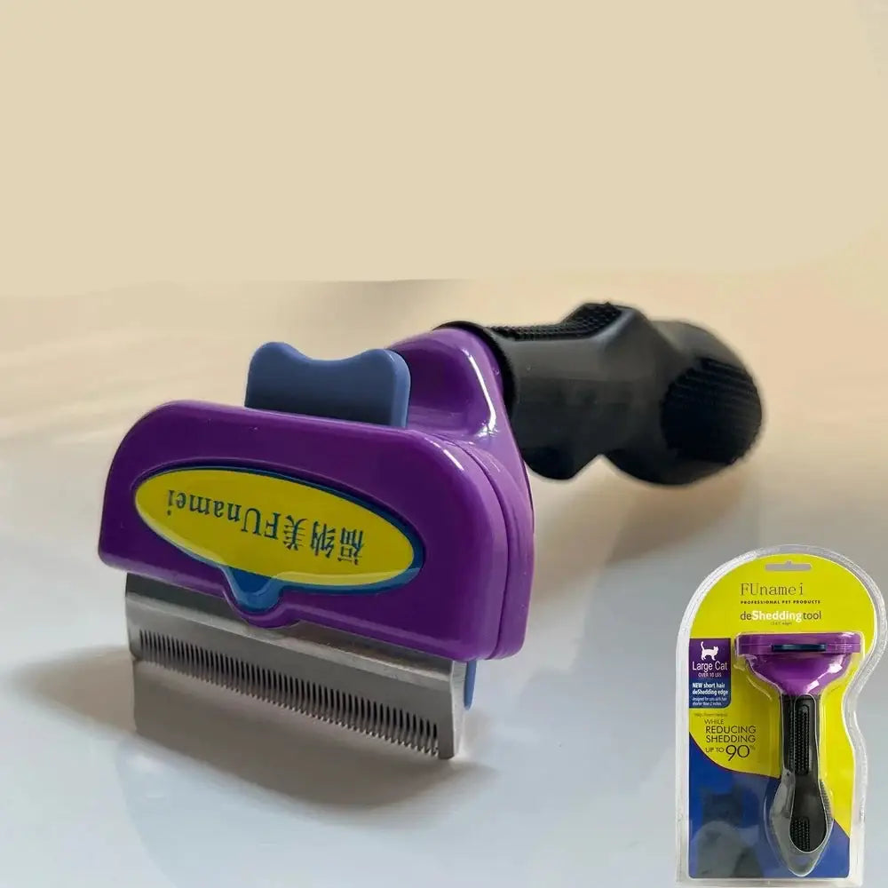 Pet grooming tool with a purple handle and metal comb attachment.