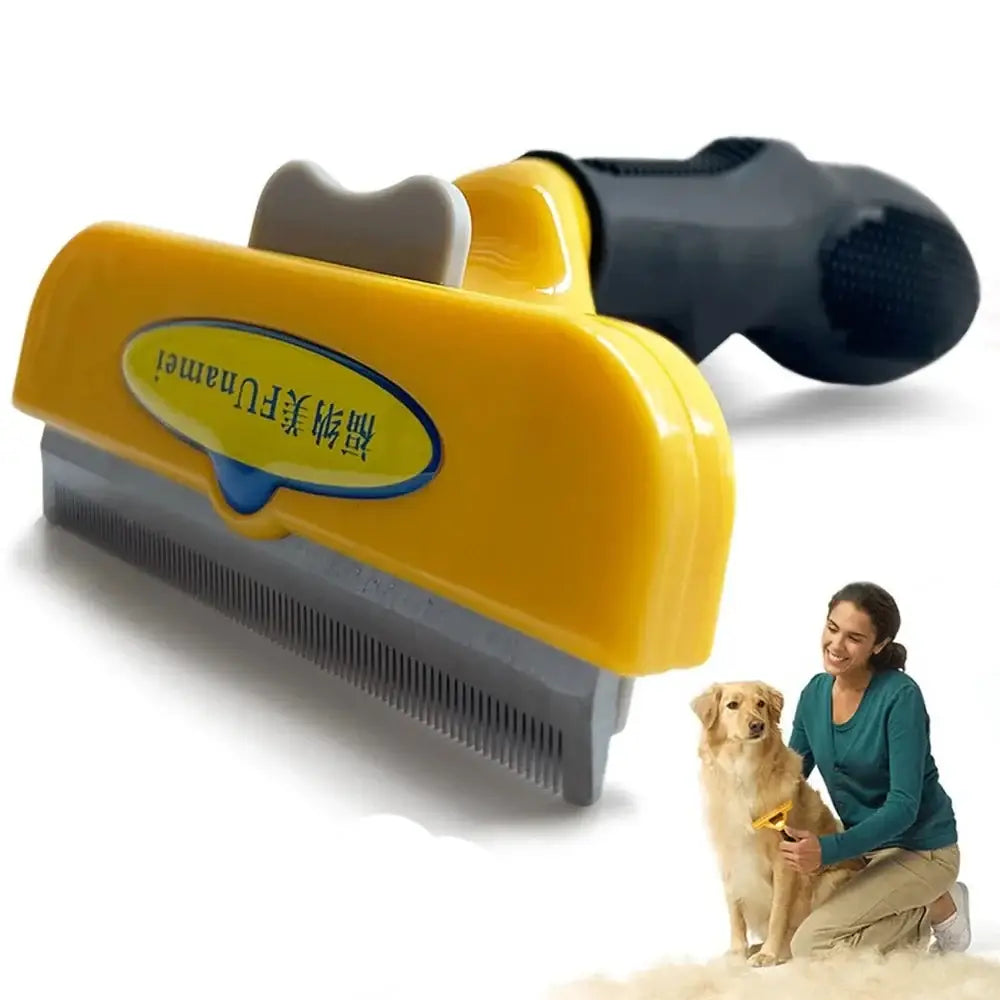 Pet grooming tool with a yellow handle and metal comb attachment.