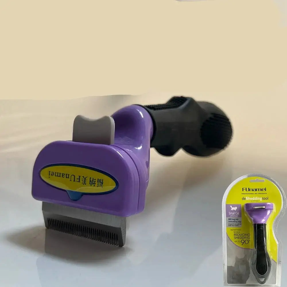 Purple and black pet grooming tool with a curved handle and metal comb attachment.