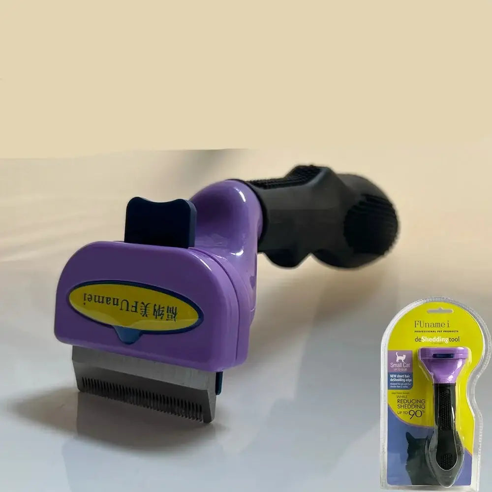 Purple and black pet grooming tool with a blade and handle.