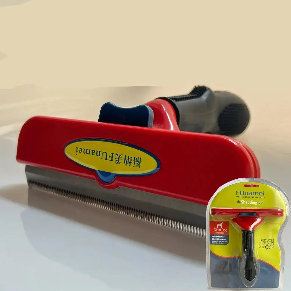 Red pet grooming brush with a metal comb and ergonomic handle.