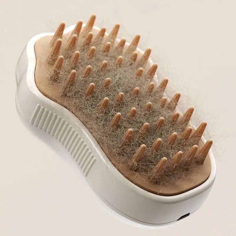 Hairbrush with wooden bristles and a white plastic handle and base.