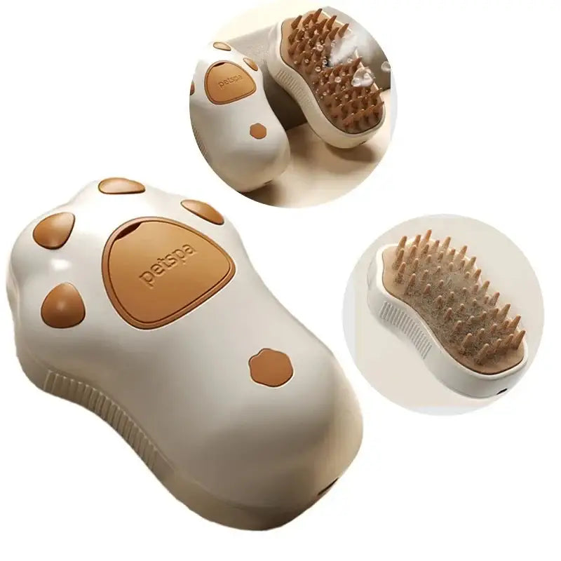 Paw-shaped pet grooming brush with detachable bristle head.