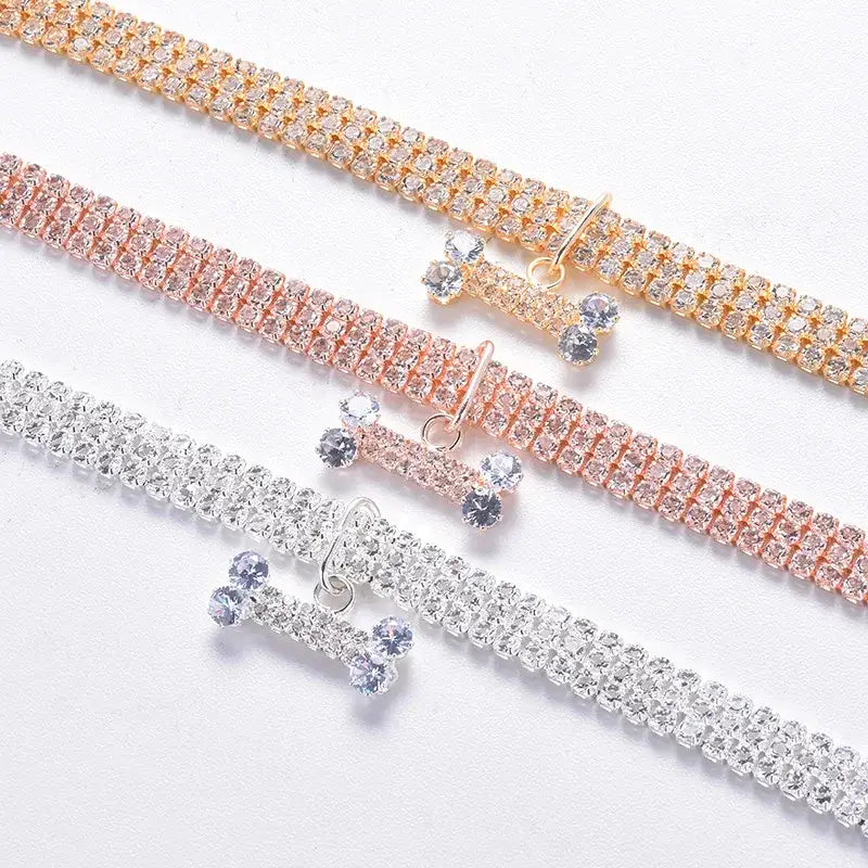 Sparkling diamond tennis bracelets with matching stud earrings in gold, rose gold, and silver tones.