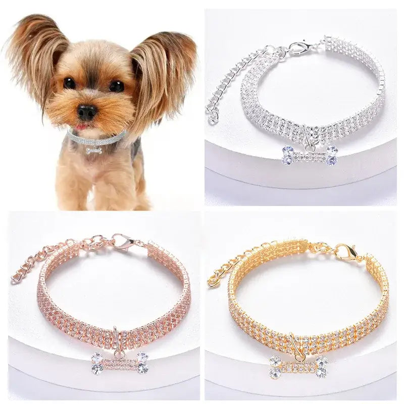 Sparkly rhinestone dog collars in silver, pink, and gold with bone-shaped charms.