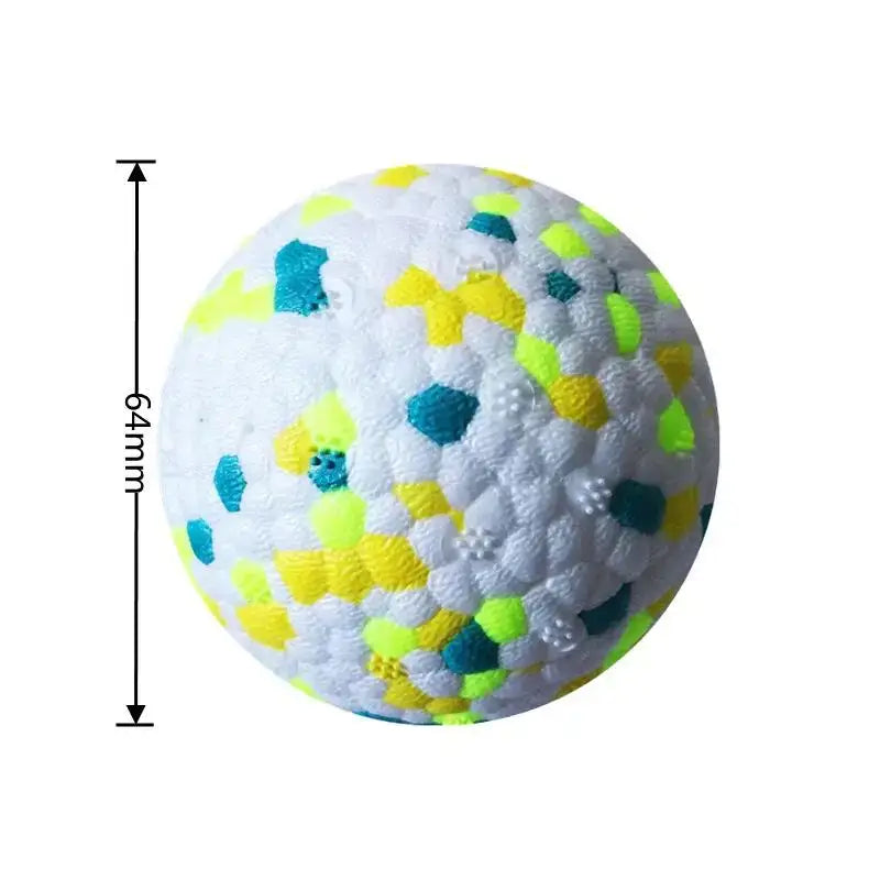 Colorful foam or rubber ball with a textured surface and speckled pattern.