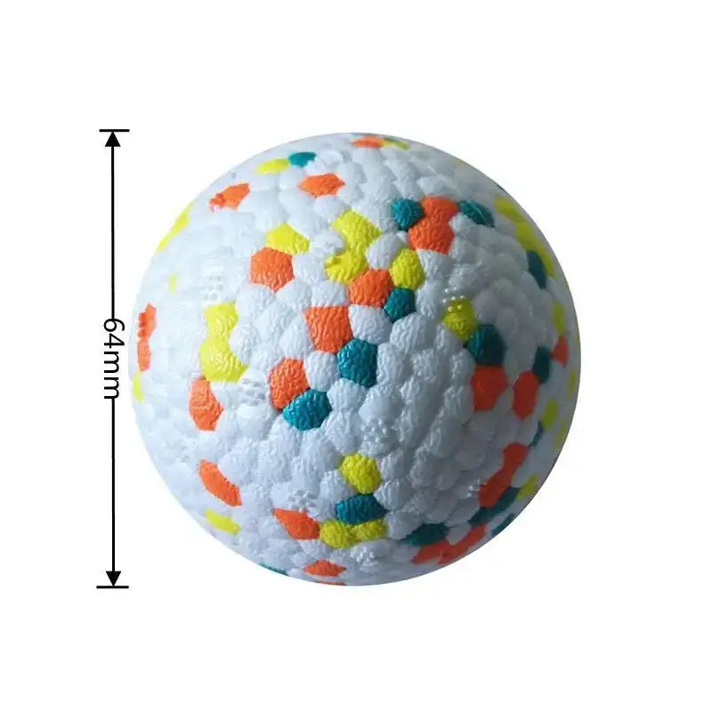 Colorful foam or rubber ball with a textured surface and multicolored speckles.