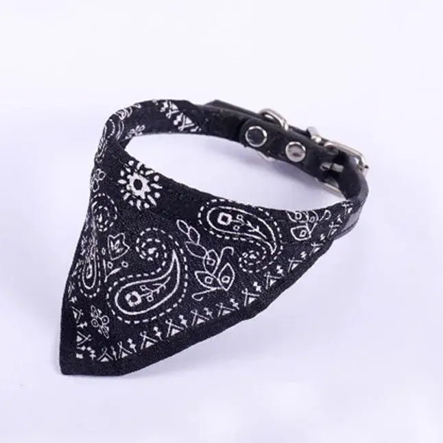 Black bandana-style collar with white paisley pattern for pets.