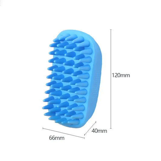 Blue plastic brush with soft, flexible bristles for pet grooming or massage.