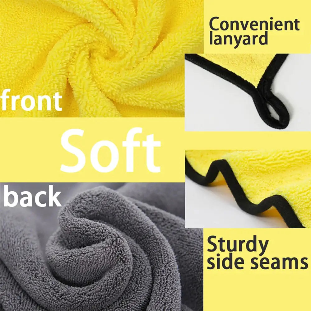 Dual-sided towel with yellow front, gray back, lanyard, and reinforced seams.