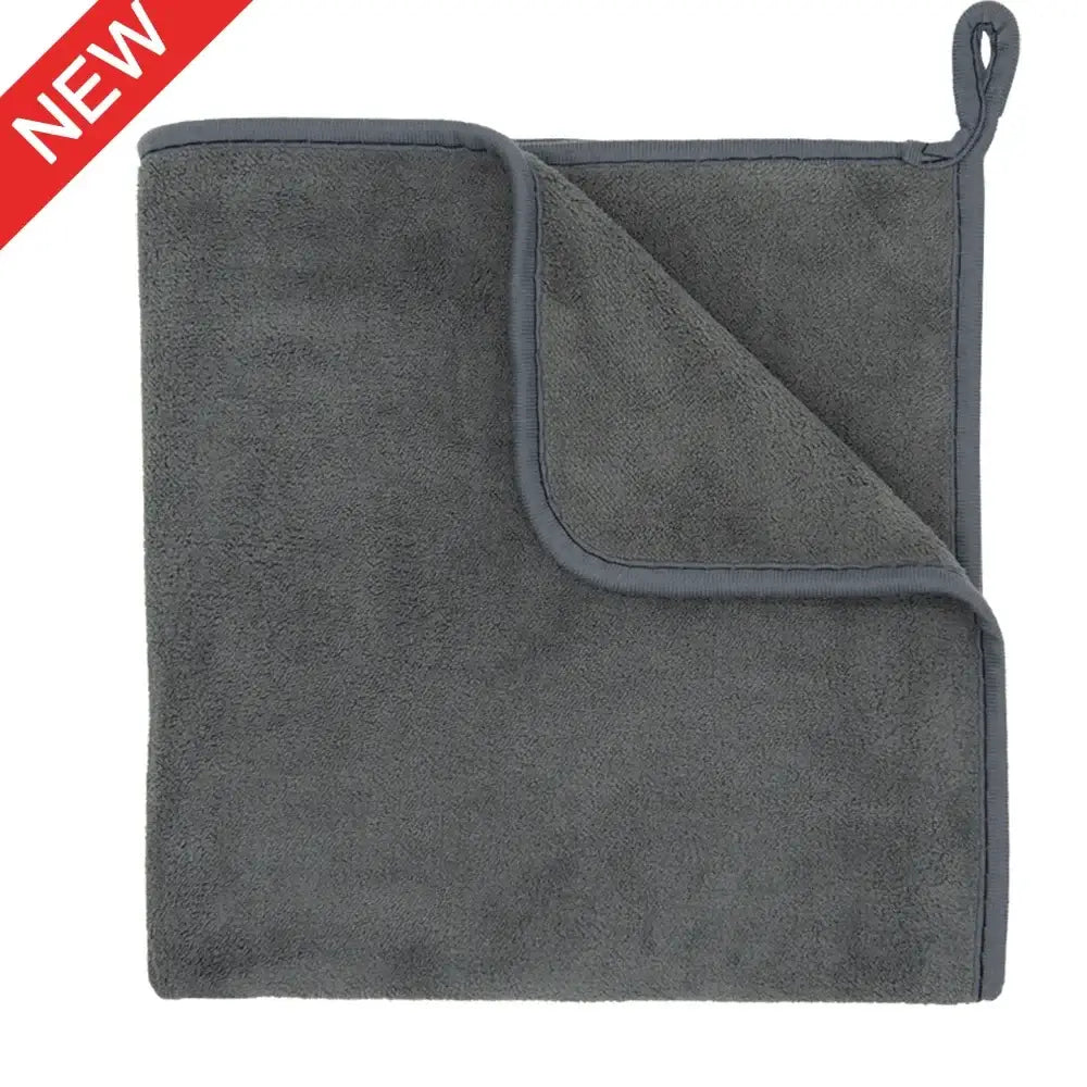 Gray microfiber cleaning cloth with a hanging loop.