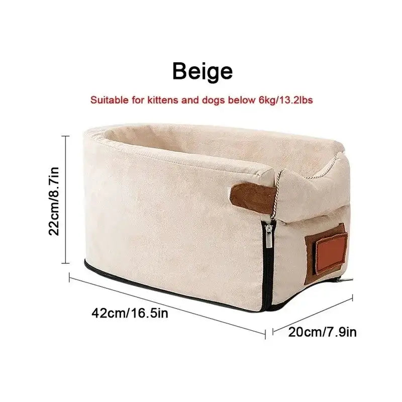 Beige pet bed with soft sides and a zippered opening.