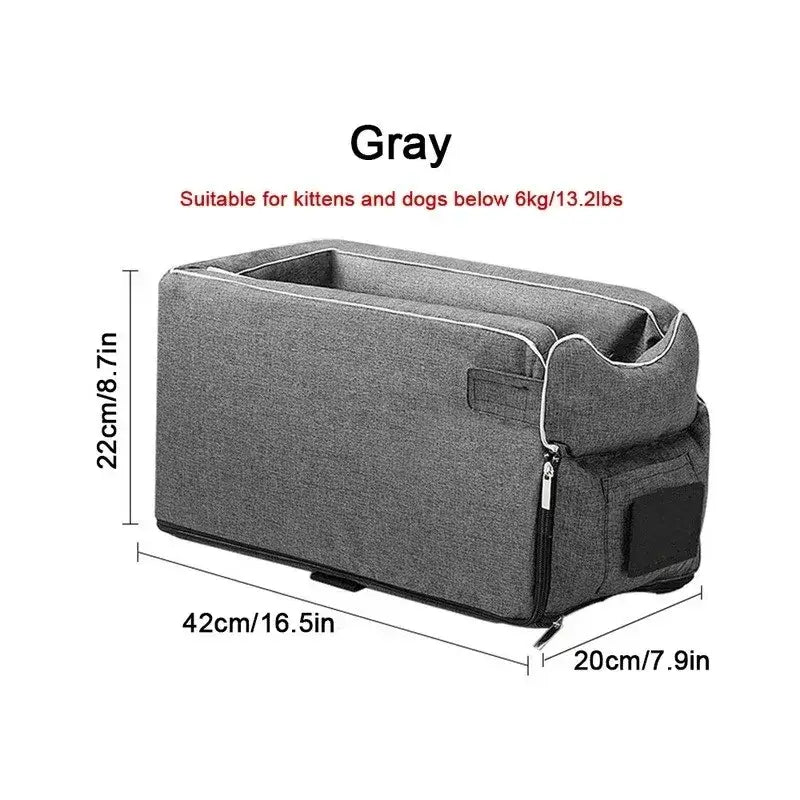 Gray pet carrier with a soft, rectangular design and side pocket.