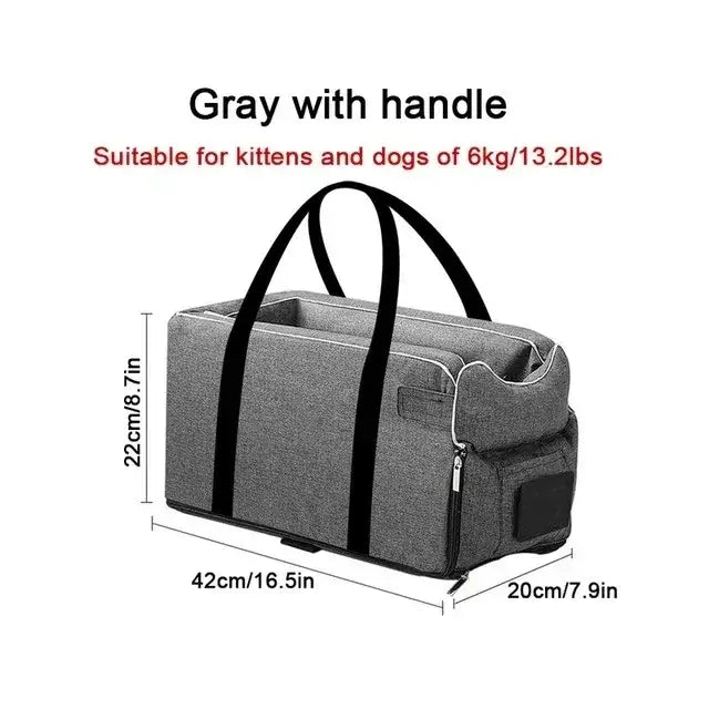 Gray pet carrier bag with black handles and a side pocket.