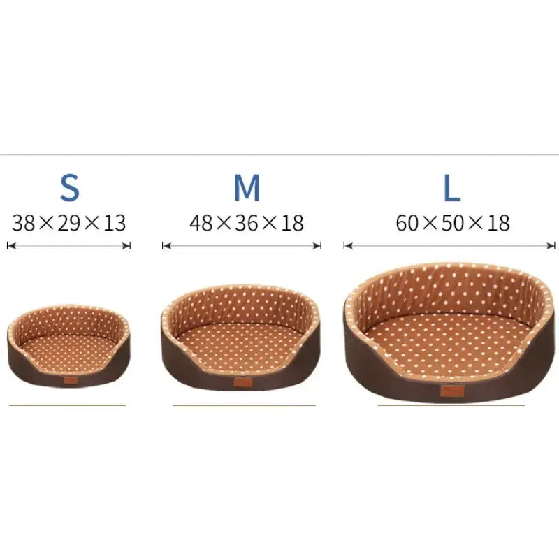 Pet beds in three different sizes with polka dot cushions and brown outer shells.