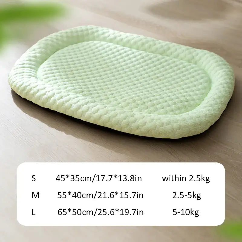 Pale green, oval-shaped pet bed with a quilted texture and raised edges.