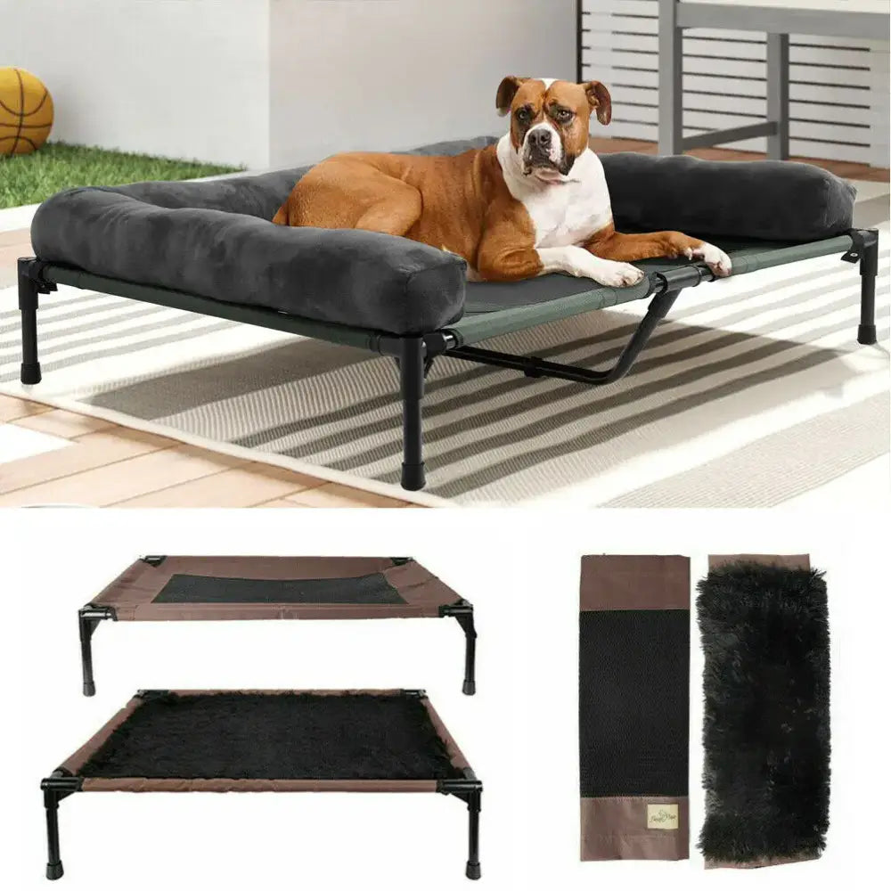 Elevated dog bed with a metal frame and soft fabric surface.