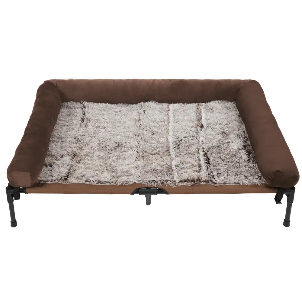 Elevated pet bed with brown edges and a plush gray cushion.