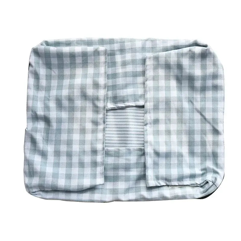 Gingham patterned fabric pouch or organizer with multiple compartments.