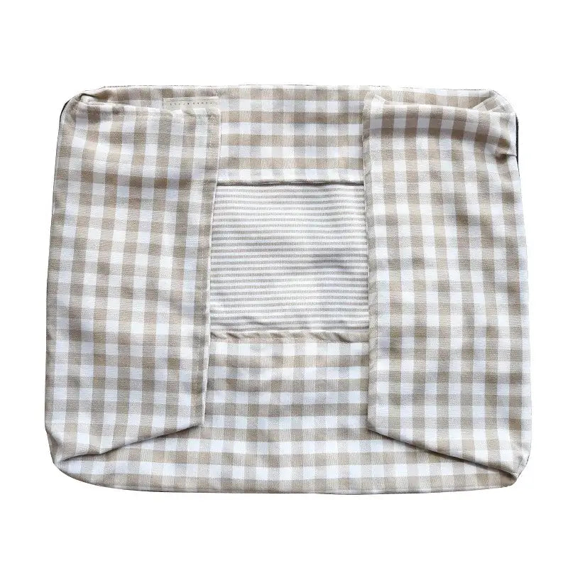 Gingham patterned fabric pouch or bag with a white striped pocket on the front.