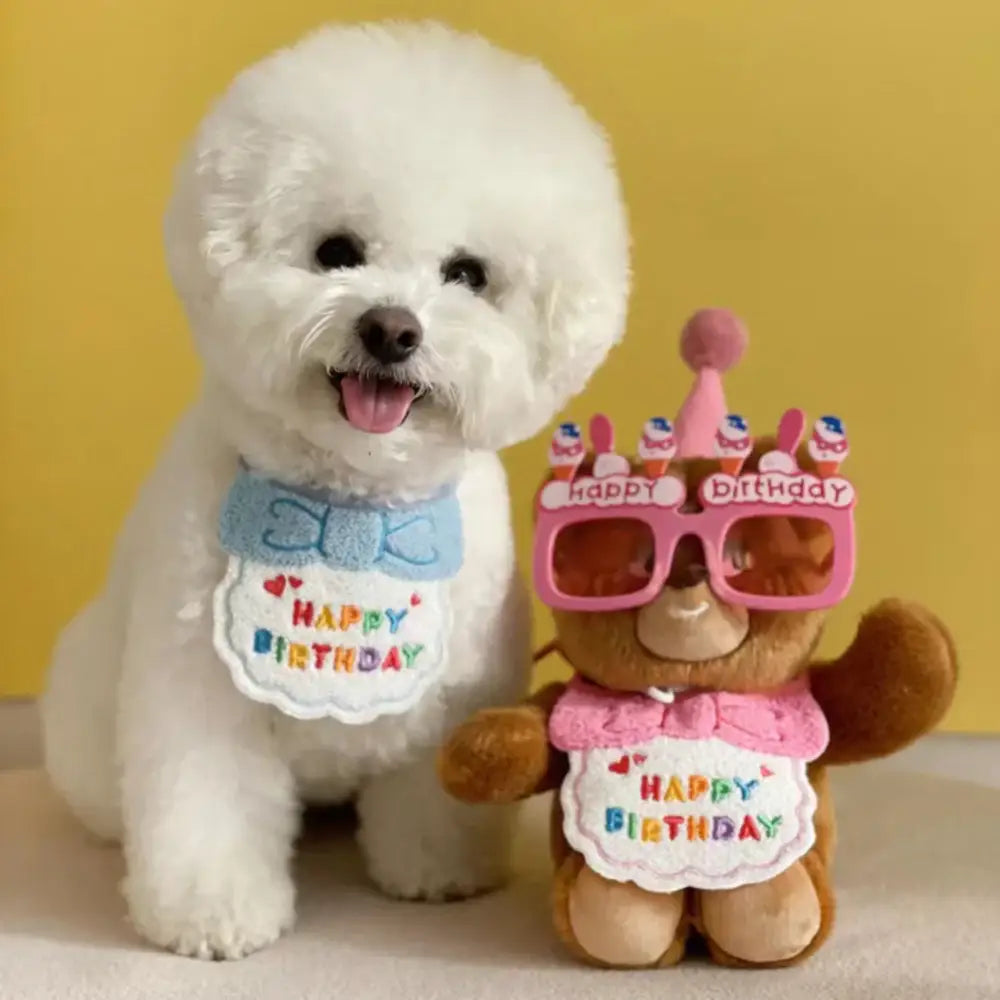 Fluffy white dog wearing a ’Happy Birthday’ bib next to a birthday-themed stuffed toy.