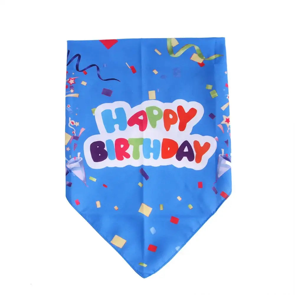 Birthday-themed pet bandana with ’Happy Birthday’ text and colorful confetti design.