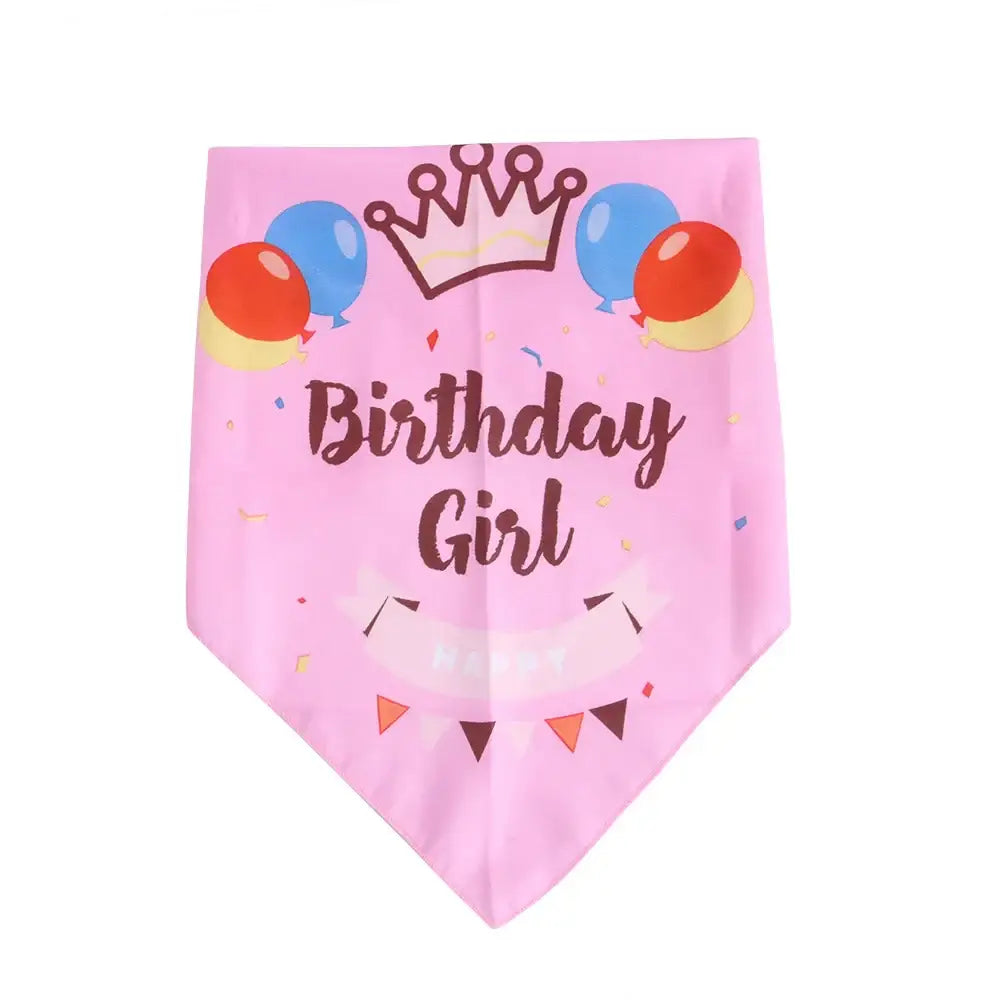 Pink birthday bandana with ’Birthday Girl’ text, crown, and balloon decorations.