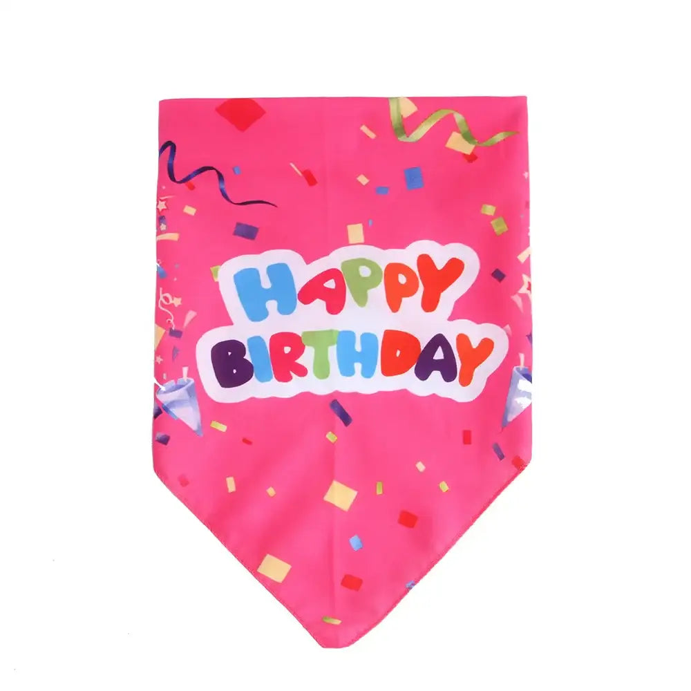 Pink birthday-themed bandana or neckerchief with ’Happy Birthday’ text and confetti design.