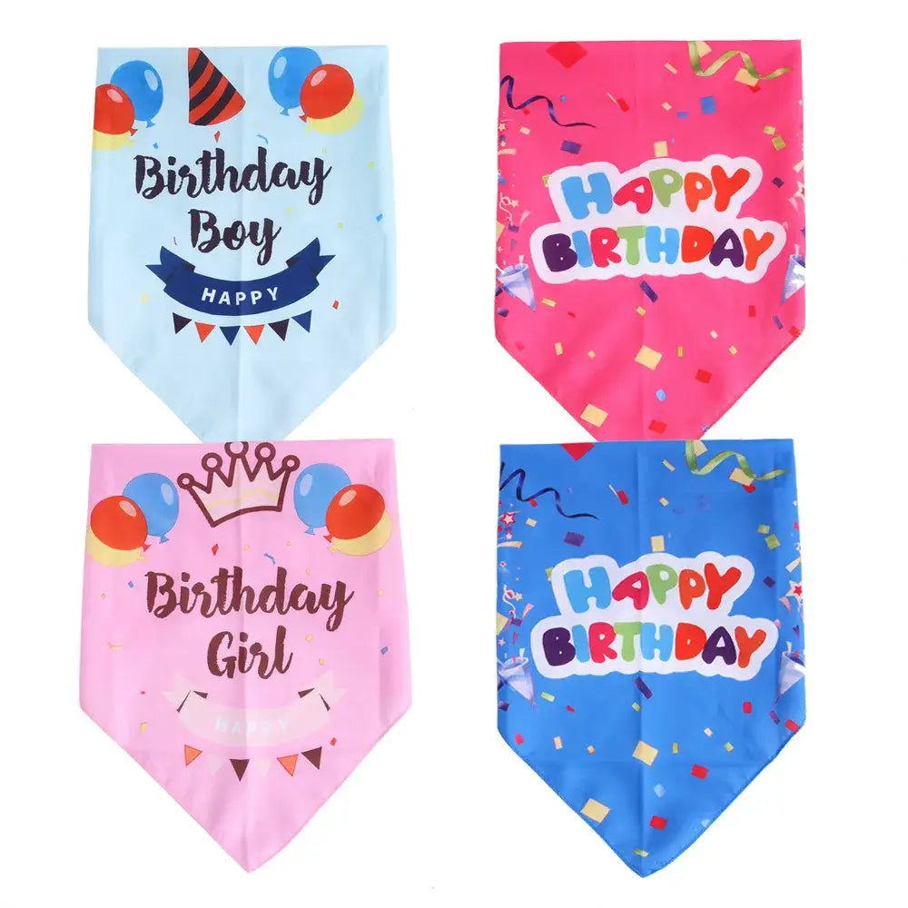 Set of four colorful birthday-themed bandanas or bibs with festive designs and text.