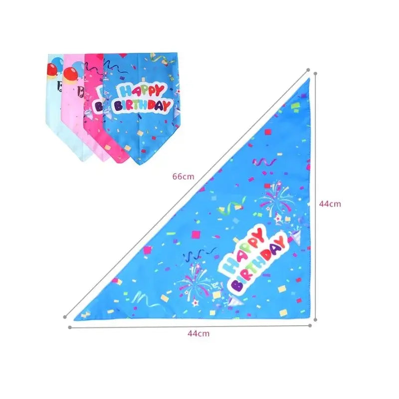 Triangular birthday bandana or scarf with colorful confetti pattern and ’Happy Birthday’ text.