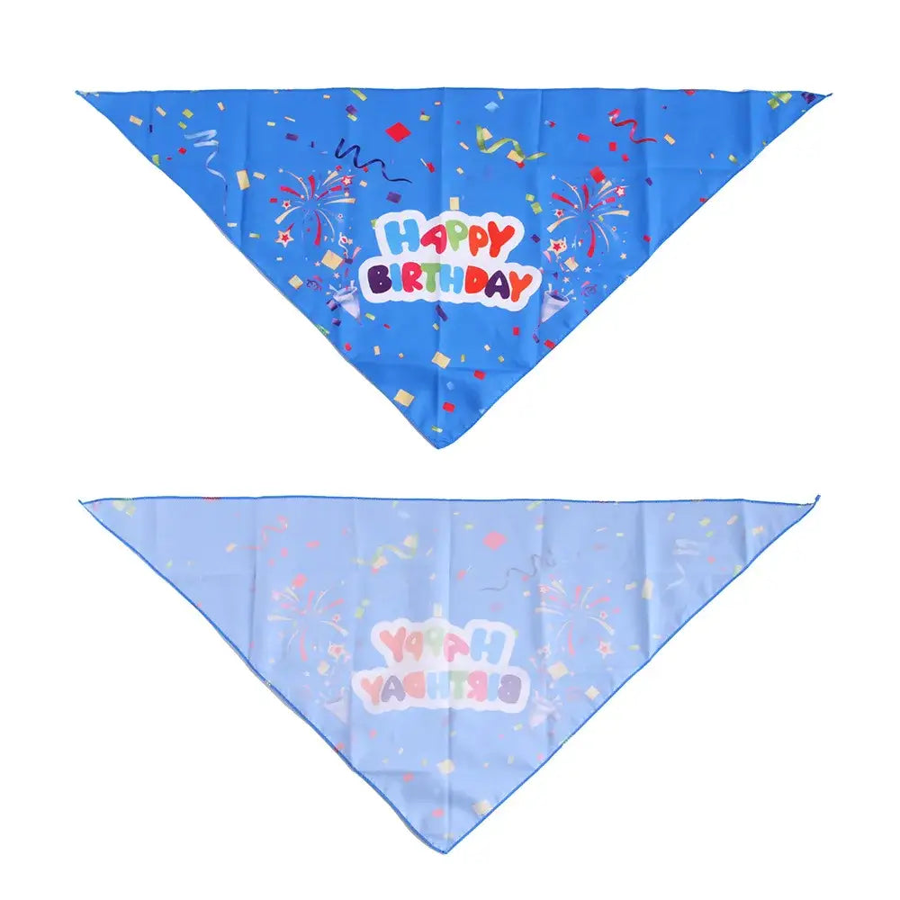 Two triangular birthday-themed bandanas or kerchiefs, one blue with ’Happy Birthday’ text and one light blue with ’It’s My Birthday’ text.