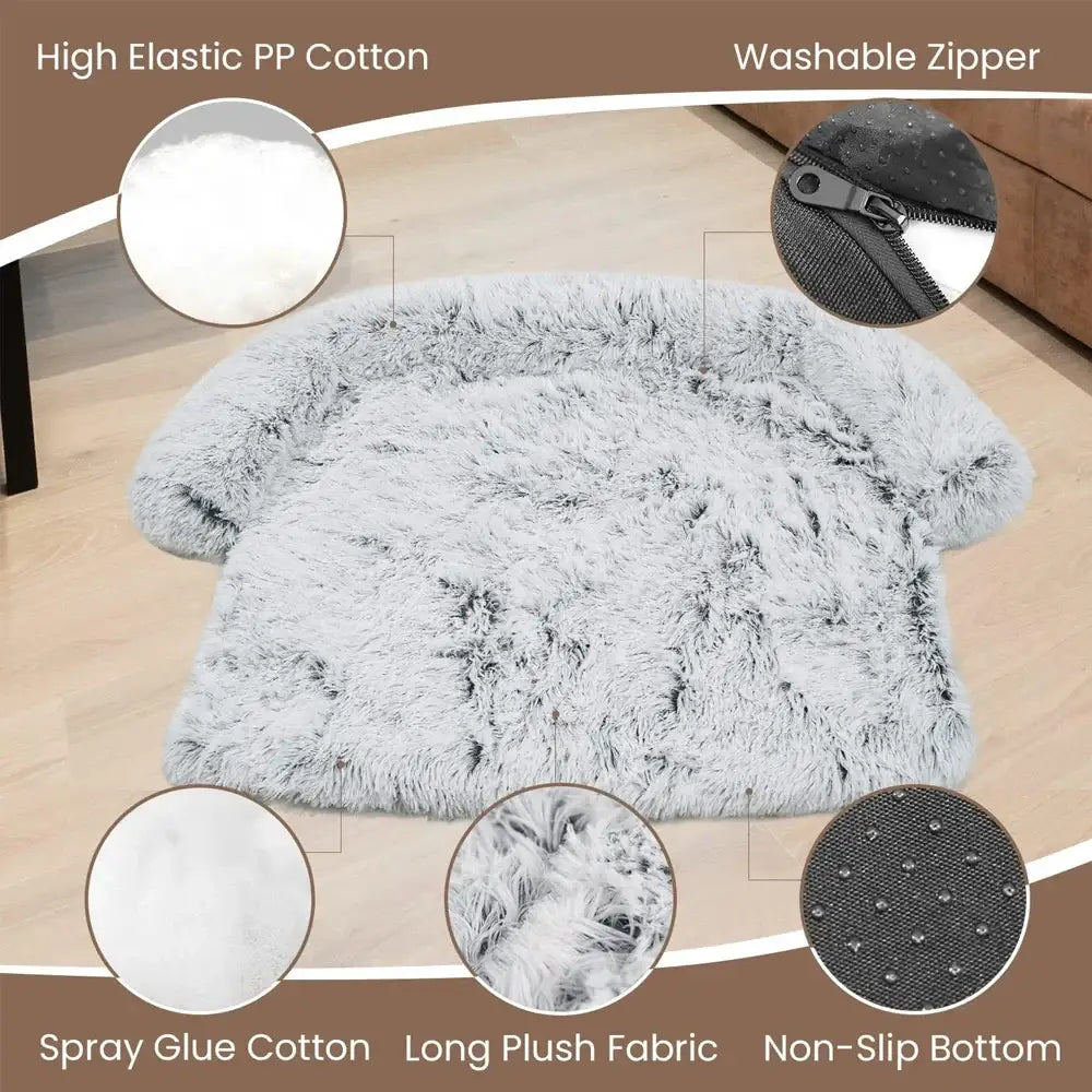 Fluffy gray dog-shaped pet bed with various material features highlighted.