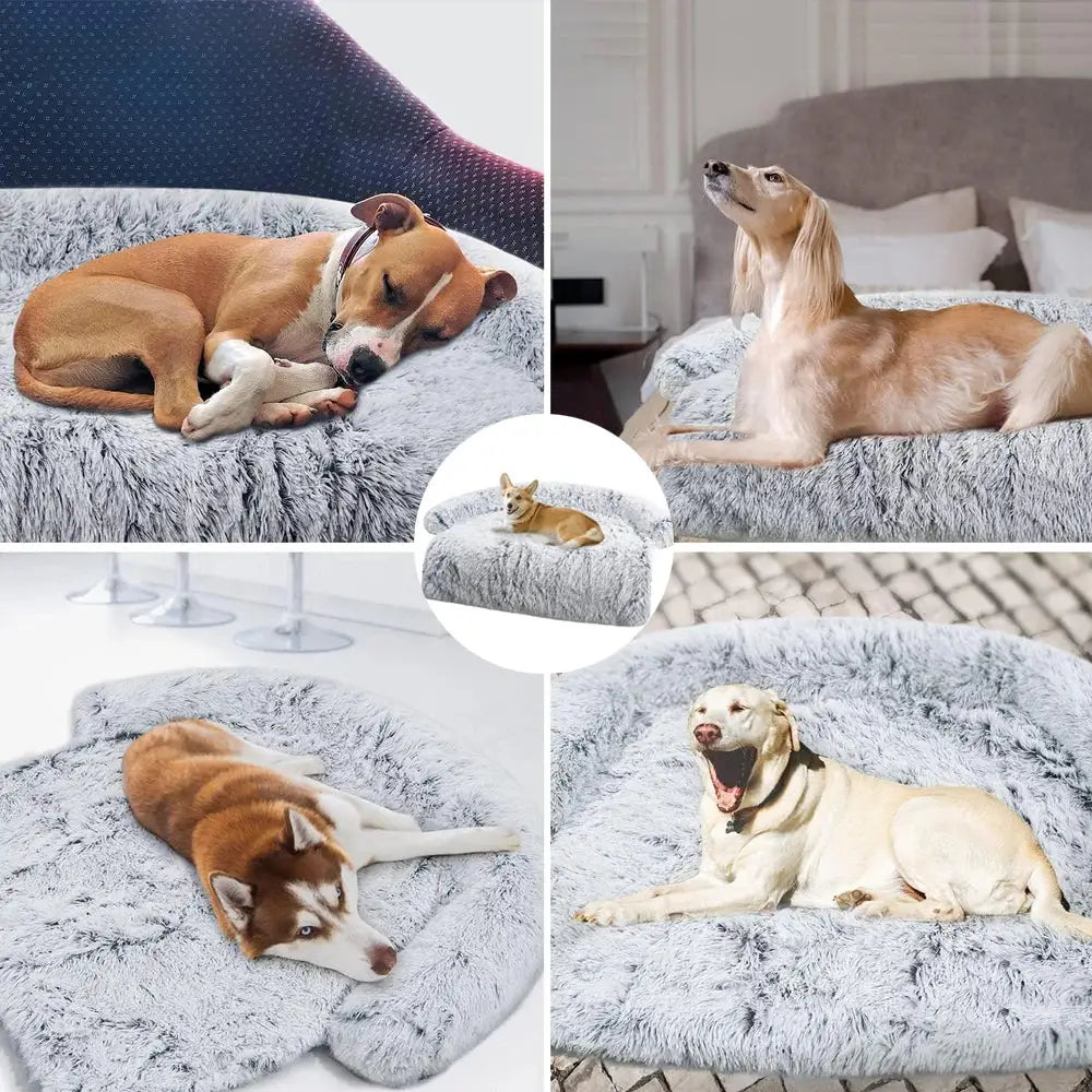 Plush, circular dog bed with a fluffy gray surface.