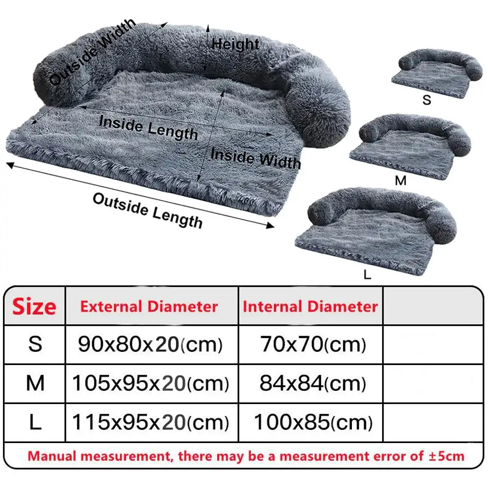 Plush, U-shaped pet bed with labeled dimensions and size options.