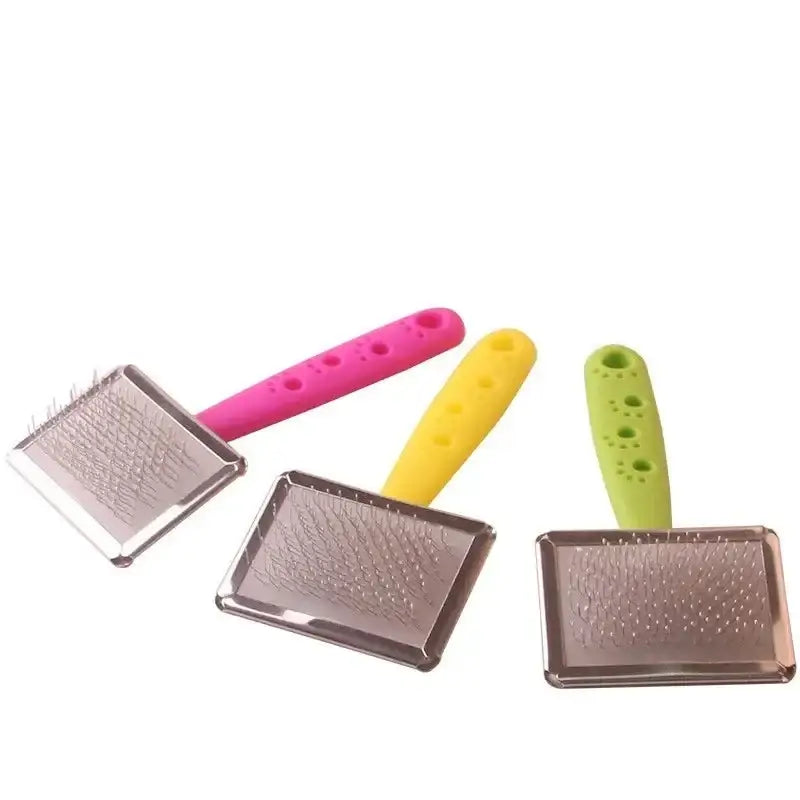 Colorful pet grooming brushes with metal bristles and plastic handles.