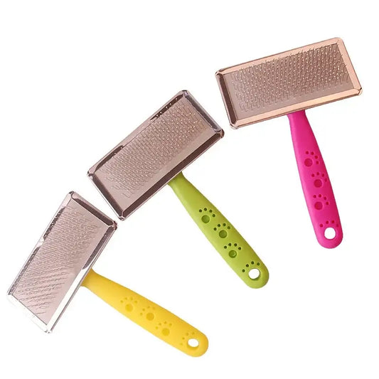 Pet grooming brushes with colorful handles and metal bristle pads.