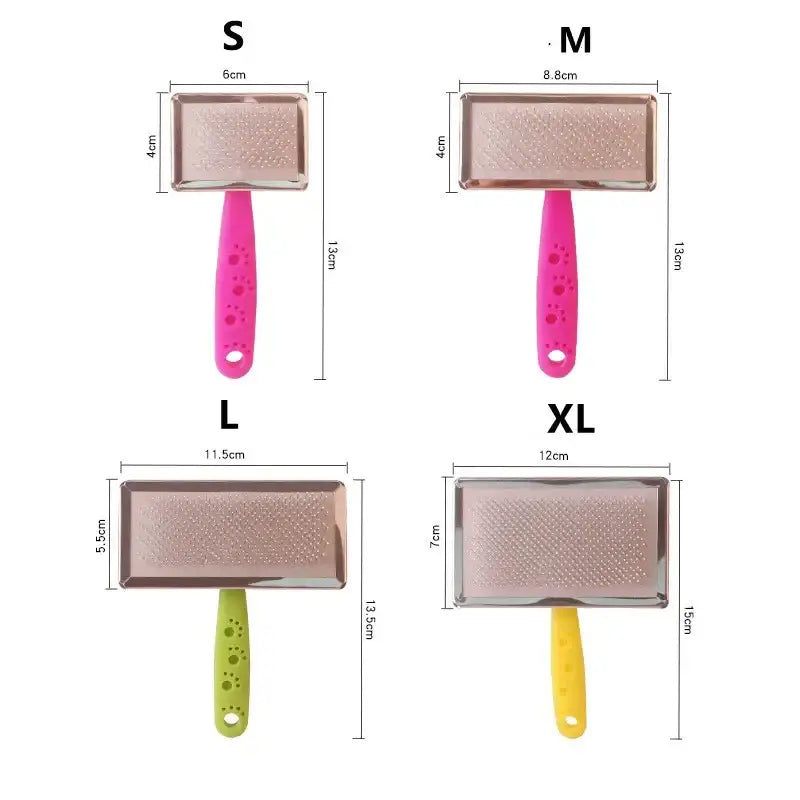 Pet grooming brushes in four different sizes with colorful handles.